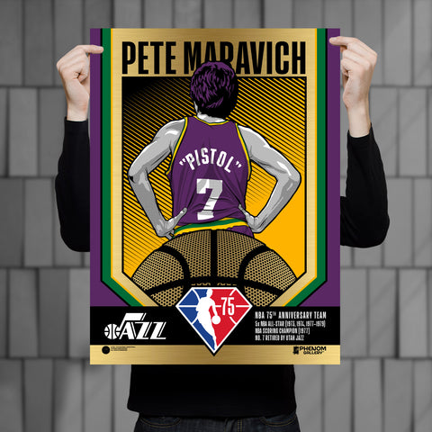 Phenom Gallery Utah Jazz 75th Anniversary Pistol Pete Maravich 18" x 24" Gold Foil Serigraph