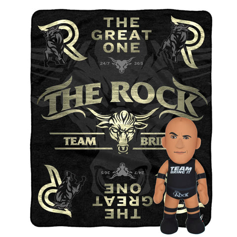 Sleep Squad WWE The Rock  x Bleacher Creatures Bundle- 60" x 80" Throw Blanket & 10" Plush Figure